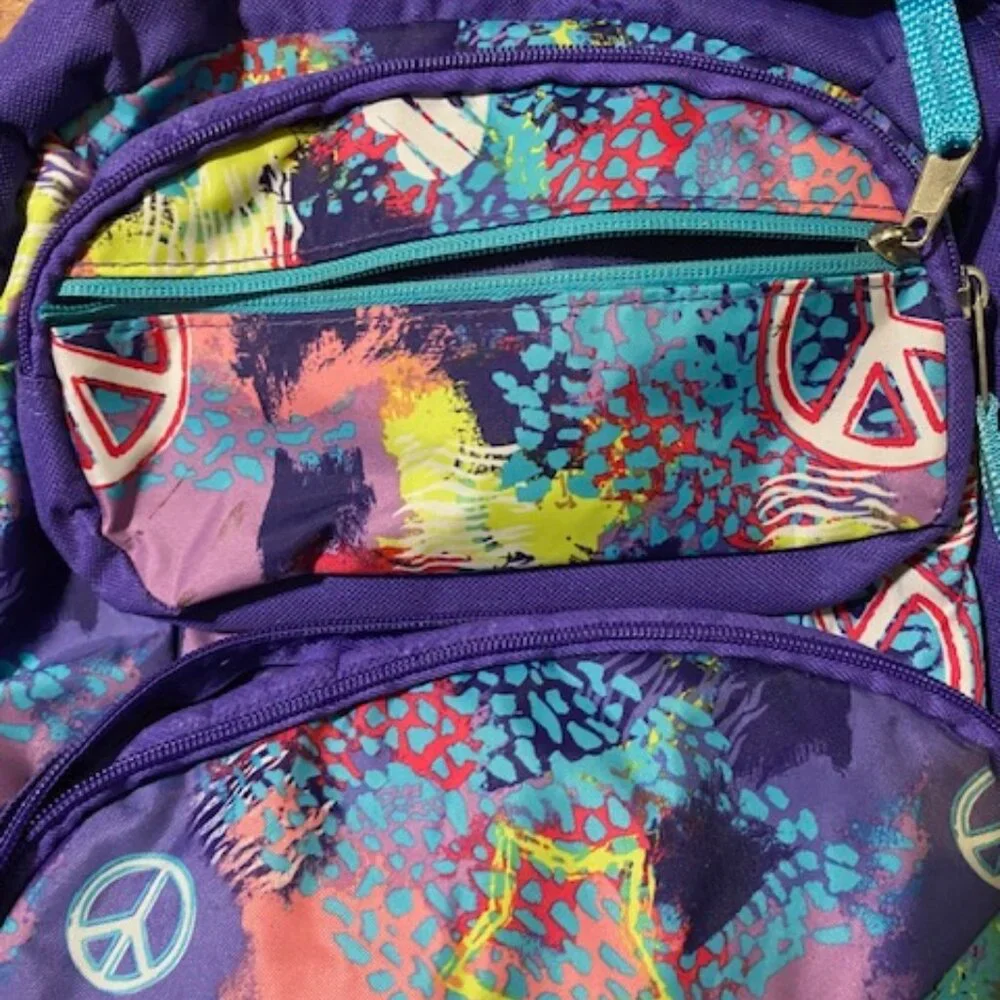 Purple Grafitti Peace Backpack Organizational Bookbag - Picture 2 of 6